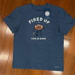 NWT Life Is Good Blue Fired Up Grill Football T Shirt Men’s Size Medium